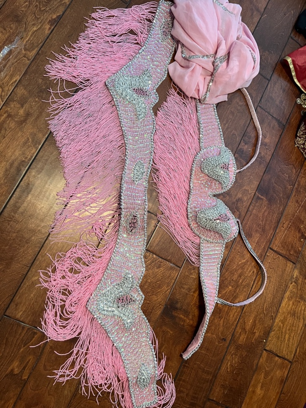 Pink Beaded Fringe Bellydance vintage style costume never worn with beaded veil